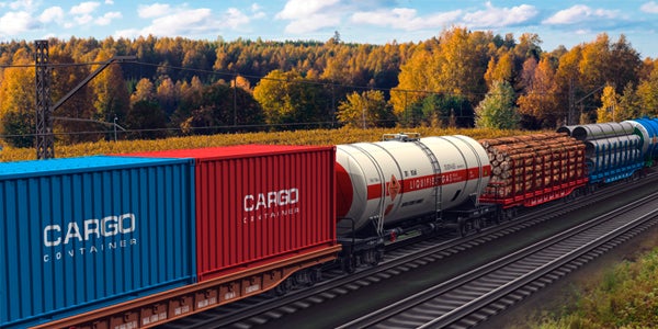 Train shipping containers on a railroad